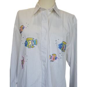 Vintage White Butto Down Top Beaded Sequin Fish Womens Medium Long Sleeve